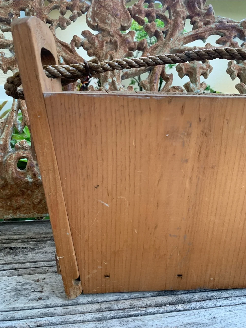 Vintage Flat Sided Wooden Hanging Basket with Red Heart and Floral Accents
